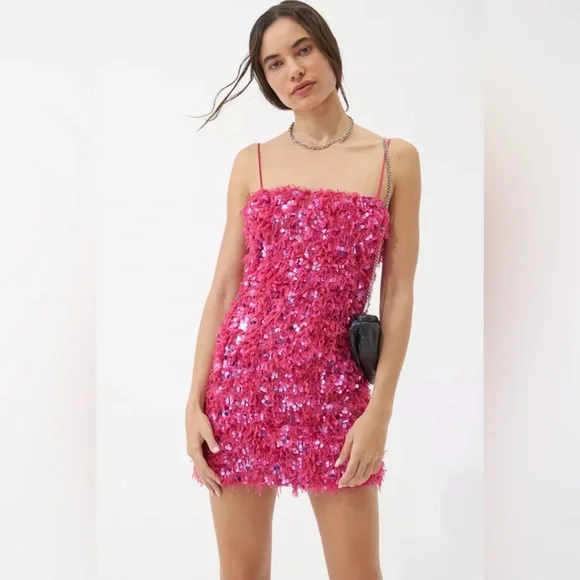 Urban Outfitters Hot Pink Sequin Fringe Party Dress - Picture 1 of 7